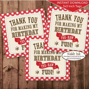 Party Favor Thank You Tags for Birthday | Western Cowboy Yee-Haw | Red Gingham | 3x3 Inches | Digital Printable | INSTANT DOWNLOAD