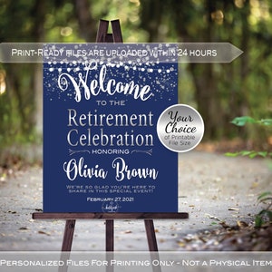Retirement Celebration Party Welcome Sign Printables | Garland Lights | Silver Confetti on Navy | Personalized | DIGITAL PRINTABLE FILES