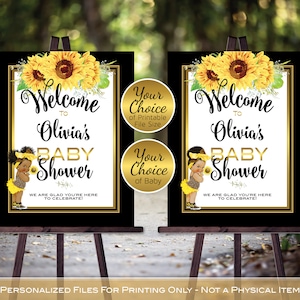 Sunflower Baby Shower Welcome Sign Printable Files | Baby Girl | Gold and Black with Sunflowers | Personalized | DIGITAL PRINTABLE FILES