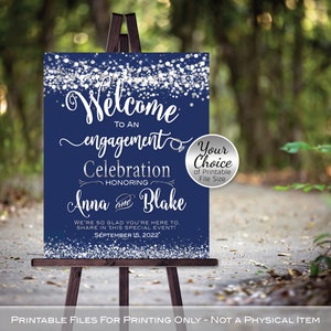 Engagement Party Celebration Welcome Sign Printable | Garland Lights Silver Confetti on Navy Blue | Personalized | PRINTABLE FILE