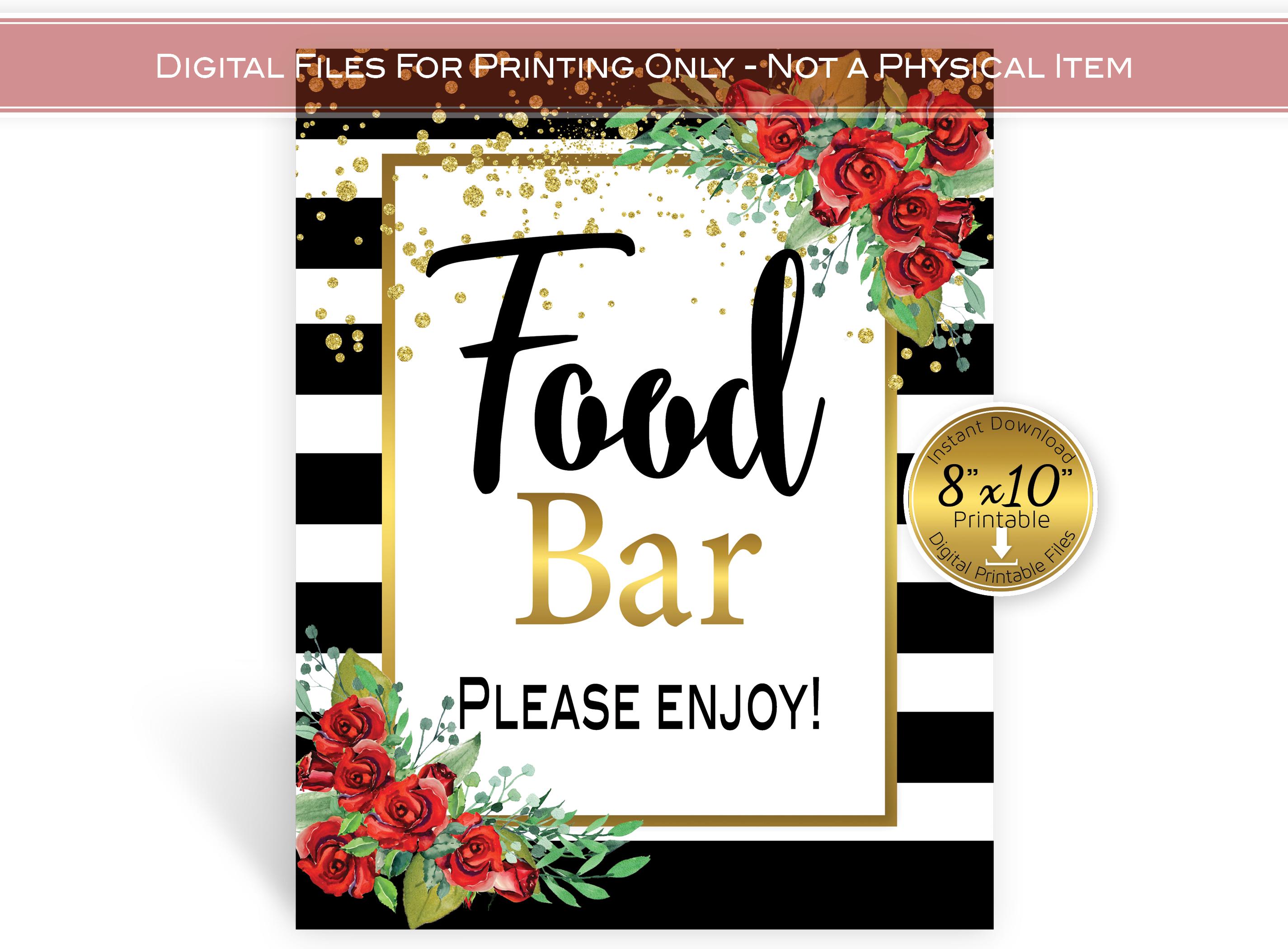 Table Food Sign Color Food Bar Table Sign 8x10 Printable | Black White Stripes | Red Roses ...