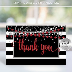 Thank You Note Cards | Printable | Folding 4x6 | Red | Black White Stripes | Garland Lights | Faux Silver Confetti | INSTANT DOWNLOAD