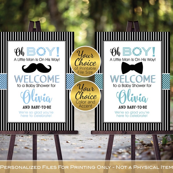 Oh Boy Little Man Baby Shower Welcome Sign Printable | Black Bow Tie or Mustache | Baby Blue or Teal | Personalized PRINTABLE DIGITAL File