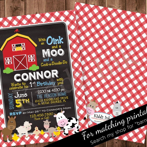 Barnyard Farm Animal Themed Printable Birthday Invitation | 5x7 with Two Sides | Red Gingham with Farm Animals | DIGITAL PRINTABLE Files