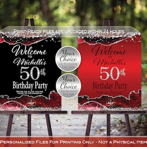 Agate Birthday Welcome Sign: Red, Black, Silver Confetti (Digital Printable Files)