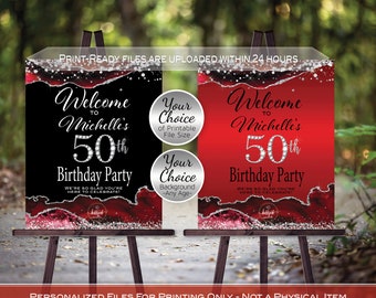 Birthday Welcome Sign Printables | Red Black and Silver Agate | Confetti | 40th 50th 60th Any Age | Personalized | DIGITAL PRINTABLE FILES