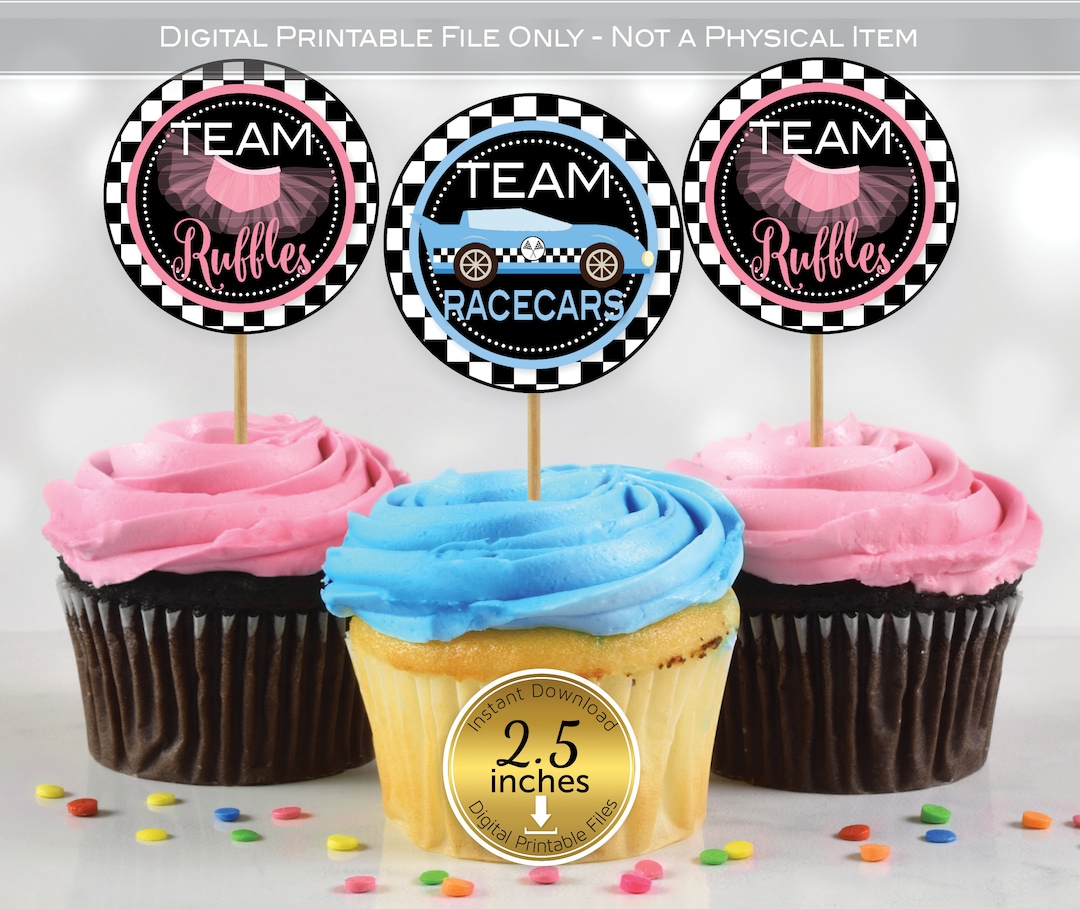 Team Racecars or Team Ruffles Gender Reveal Cupcake Toppers | 2.5 Inch ...