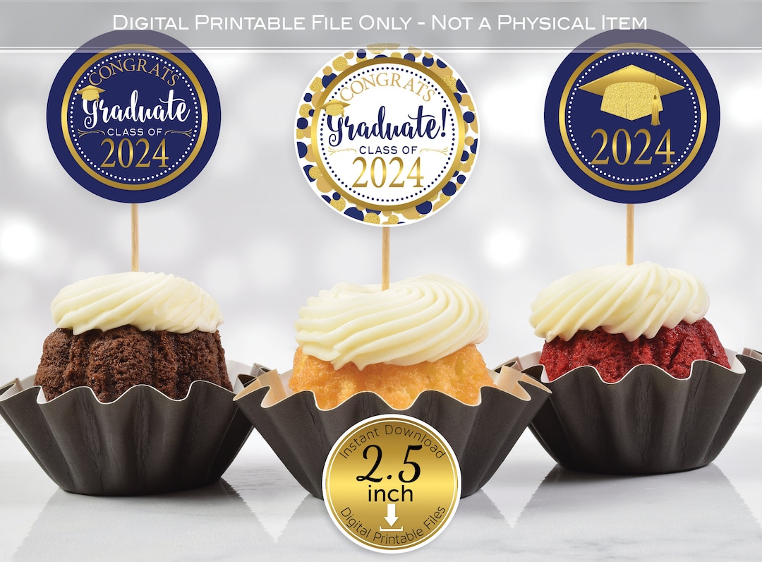 Round Cupcake Toppers 2024 Graduation 2.5 Inches Navy Blue and Gold