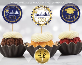 Round Cupcake Toppers | 2024 Graduation | 2.5 inches | Navy Blue and Gold | Faux Gold Glitter | Congrats Graduate | Digital INSTANT DOWNLOAD