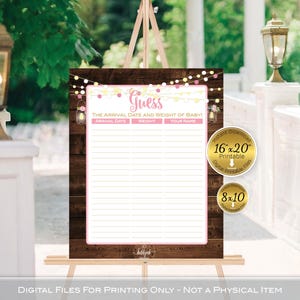 Guess Baby's Arrival Date and Weight Printable Baby Shower Game | 8x10 and 16x20 | Lanterns | Faux Wood | Pink | DIGITAL INSTANT DOWNLOAD