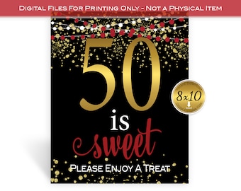 50th Birthday Treat Table Sign: Red, Black, Gold Confetti (8x10 Printable Digital Download)