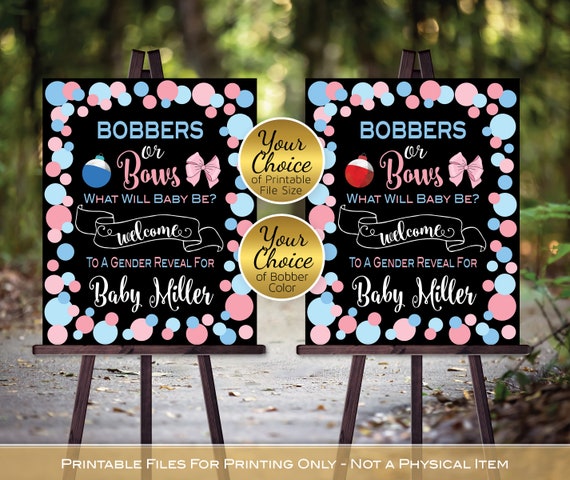 Bobbers or Bows Gender Reveal Welcome Sign Printable Pink and Blue on Black  Fishing Bows Personalized PRINTABLE DIGITAL FILES 