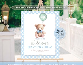 Beary First Birthday Welcome Sign: Blue Gingham, Green Balloon (Printable Digital File)