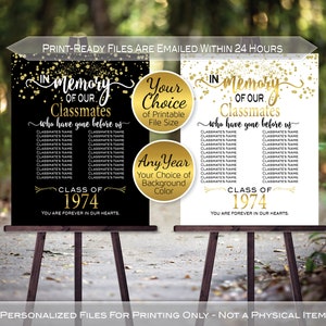 Class Reunion In Memory of Classmates Personalized Sign | Any Year | Memorial | Gold Confetti on White or Black | DIGITAL PRINTABLE FILES