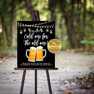 Enjoy A Cold One for Old One 16x20 Printable Birthday Bar Sign on Black with Lanterns Garland | Cheers and Beers | Digital INSTANT DOWNLOAD