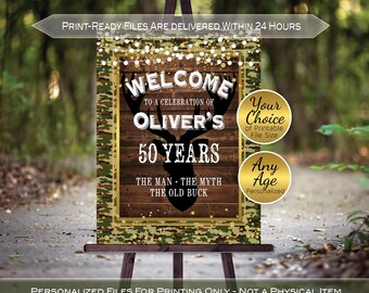 Camo Deer Hunting Birthday Welcome Sign for Any Age: Man, Myth, Old Buck, Faux Wood, (Personalized Digital Printable)