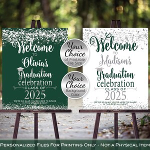 Graduation Celebration Party Personalized Welcome Sign Printable | Silver Confetti | Green or White | Class of 2025 | DIGITAL PRINTABLE FILE