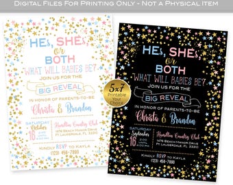 Twins Gender Reveal Invitation: Twinkle Star Theme (Printable Digital File)