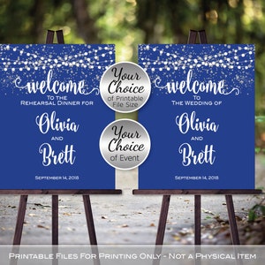 Wedding or Rehearsal Dinner Welcome Sign Printable | Royal Blue | Silver Confetti | Garland Lights | Personalized | DIGITAL PRINTABLE FILES