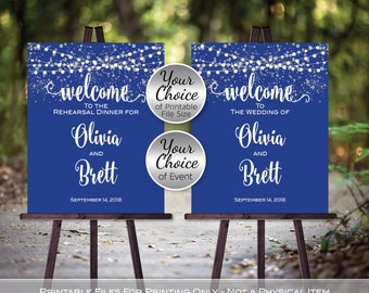 Wedding or Rehearsal Dinner Welcome Sign Printable | Royal Blue | Silver Confetti | Garland Lights | Personalized | DIGITAL PRINTABLE FILES
