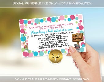 Fishing Baby Shower Book Request Card: Pink, Aqua, Green (Digital Download)
