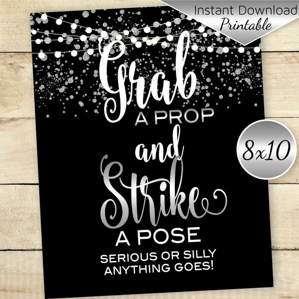 Photo Prop Table Sign | Black Silver Birthday | Grab a Prop | 8x10 | Faux Silver Confetti and Garland | 50th 60th | Digital INSTANT DOWNLOAD