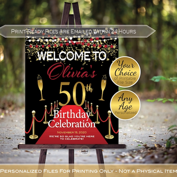 Red Carpet Birthday Welcome Sign Printables | Hollywood Birthday | Red Gold Black | 40th 50th 60th | Personalized | DIGITAL PRINTABLE FILES