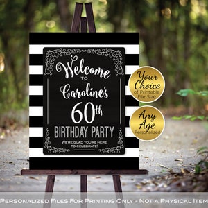Birthday Welcome Sign Printables | Black White Stripes | Faux Chalkboard and Lace | Any Age | Personalized | DIGITAL PRINTABLE FILES