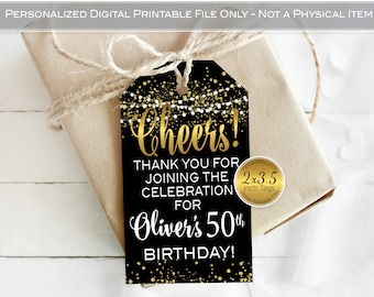 Cheers! Favor Tags for Birthday | Personalized | 2x3.5 | Mini Wine & Champagne | 50th 60th Any Age | DIGITAL PRINTABLE FILES