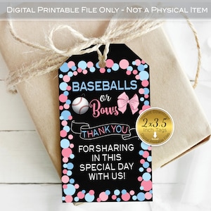 Baseballs or Bows Favor Tags for Gender Reveal | 2x3.5 | Pink Blue | Thank You | Digital Printable | INSTANT DOWNLOAD