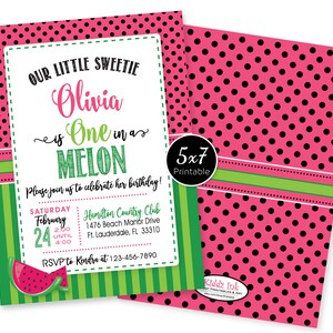 One in a Melon 1st Birthday Party Invitation | Our Little Sweetie | Watermelon Pink and Green | Black Dots | 5x7 | Printable DIGITAL FILES