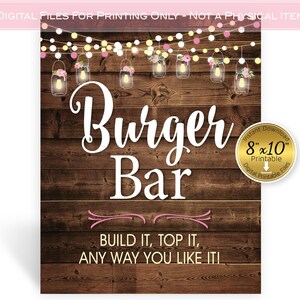 Burger Bar Table Sign | 8x10 | Light Strings and Lanterns on Faux Wood | Pink | BBQ | Rustic Birthday | Printable | Instant DIGITAL DOWNLOAD