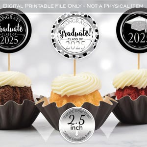 Round Cupcake Toppers | 2025 Graduation | 2.5 inches | Black with Silver Glitter | Congrats Graduate | Digital INSTANT DOWNLOAD
