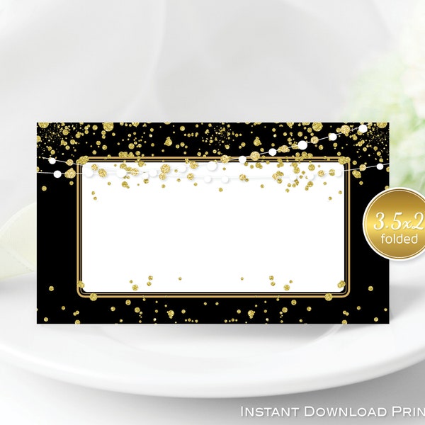 Name Place Cards | 3.5x2 Tent-Folding | Black and Gold | Garland Gold Confetti | Non-Editable | Print-Ready | INSTANT DIGITAL DOWNLOAD