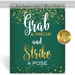 Photo Grab a Prop Table Sign | Class Reunion | 8x10 | Faux Gold Confetti and Garland | Forest Green | Digital INSTANT DOWNLOAD