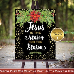 Jesus is the Reason for the Season Christian Christmas 16x20 Sign Printable | Red Poinsettia Gold Confetti | INSTANT DIGITAL DOWNLOAD