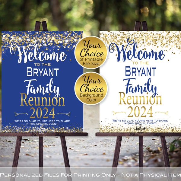 Family Reunion Personalized Welcome Sign Printable File | Gold Confetti on White or Royal Blue | Any Year | DIGITAL PRINTABLE FILES