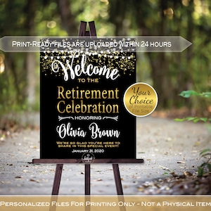 Retirement Celebration Party Welcome Sign Printables | Garland Lights | Gold Confetti on Black | Personalized | DIGITAL PRINTABLE FILES