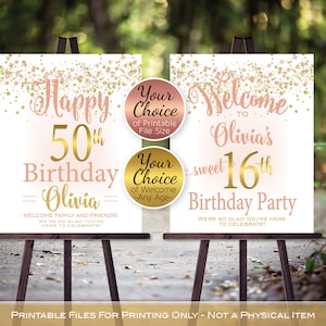 Birthday Welcome Sign Printables | Rose Gold and White | Garland Lights and Gold Confetti | Any Age | Personalized | DIGITAL PRINTABLE FILES