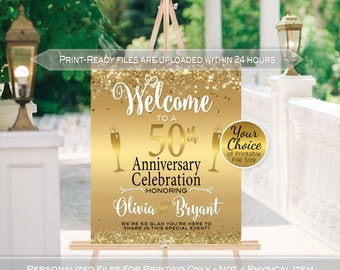 Anniversary Welcome Sign Printable | Golden 50th or Any Anniversary | Faux Gold Foil | Gold Confetti | Personalized | DIGITAL PRINTABLE FILE