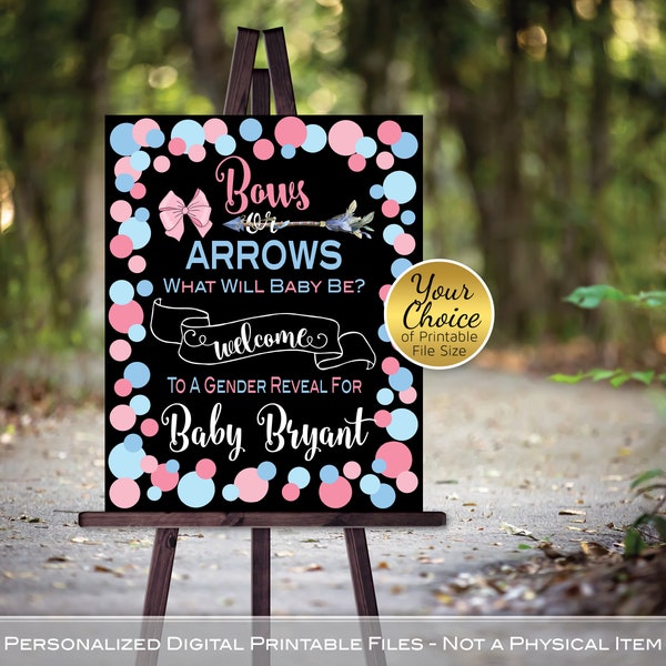 Bows or Arrows Gender Reveal Welcome Sign | Printable | Pink and Blue on Black | Arrow | Bow | Personalized | PRINTABLE DIGITAL FILES