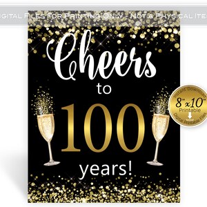 Cheers to 100 Years Printable 8x10 Printable | Man or Woman's 100th Birthday Decor | Faux Glitter Gold on Black | INSTANT DOWNLOAD