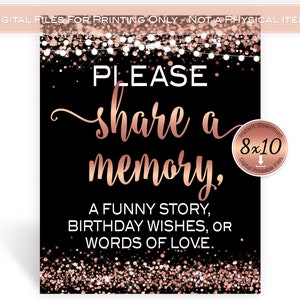 Share a Memory Table Sign 8x10 Printable | Birthday Wishes | Rose Gold Glitter Confetti | 40th 50th 60th 70th | Digital INSTANT DOWNLOAD