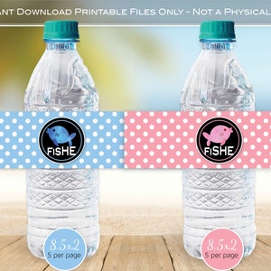 Fish She or Fish He  Gender Reveal Water Bottle Printable Labels | 8.5&quot; x 2&quot; | Pink Blue Fish | Printable | Digital INSTANT DOWNLOAD