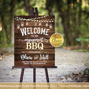 BBQ Engagement Party Welcome Sign Printable | Barbecue | Garland Lights | Lanterns on Faux Wood | Personalized | PRINT-READY Files