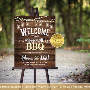 BBQ Engagement Party Welcome Sign Printable | Barbecue | Garland Lights | Lanterns on Faux Wood | Personalized | PRINTABLE FILE