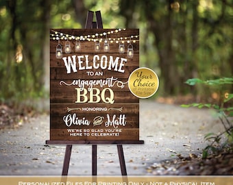 BBQ Engagement Party Welcome Sign Printable | Barbecue | Garland Lights | Lanterns on Faux Wood | Personalized | PRINTABLE FILE