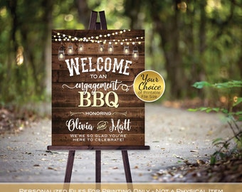BBQ Engagement Party Welcome Sign: Faux Wood, Garland Lights (Printable Digital File
