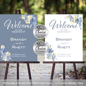Dusty Blue Wedding Welcome Sign Printable Files | Powder Blue with Cream Flowers | Personalized | DIGITAL PRINTABLE FILES