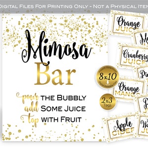 Mimosa Bar Sign and Juice Flavor Tags Printable | Gold Confetti on White | Birthday | Baby Shower | Bridal Shower | DIGITAL INSTANT DOWNLOAD